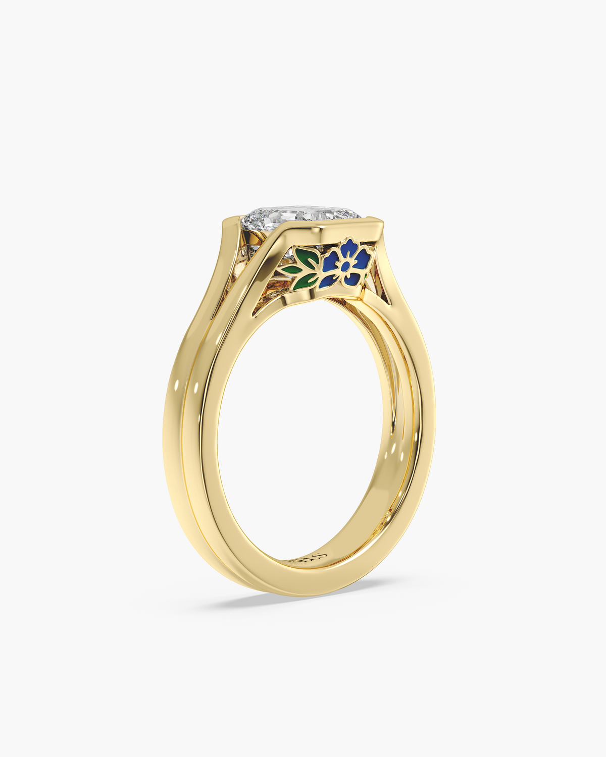Lan Enamel Bezel asscher solitaire engagement ring in 18k yellow gold, front angle