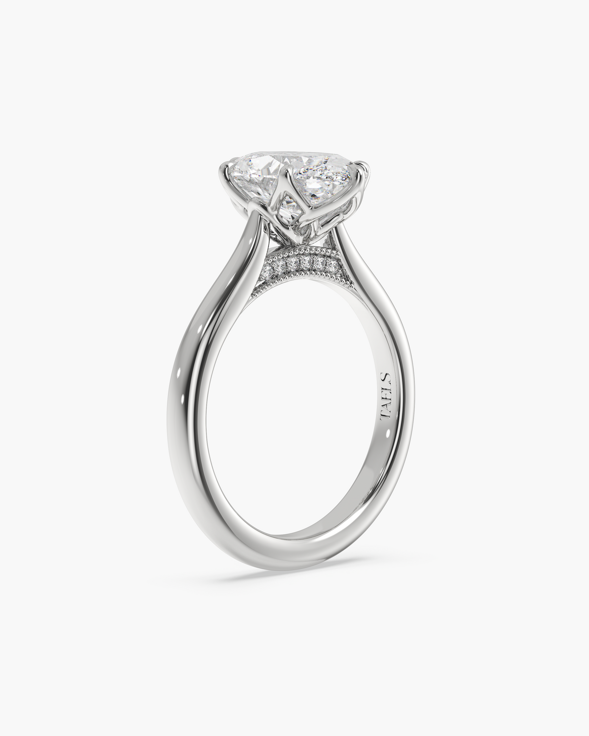 Lian Overlapping Floral oval solitaire engagement ring in 18k white gold, front angle