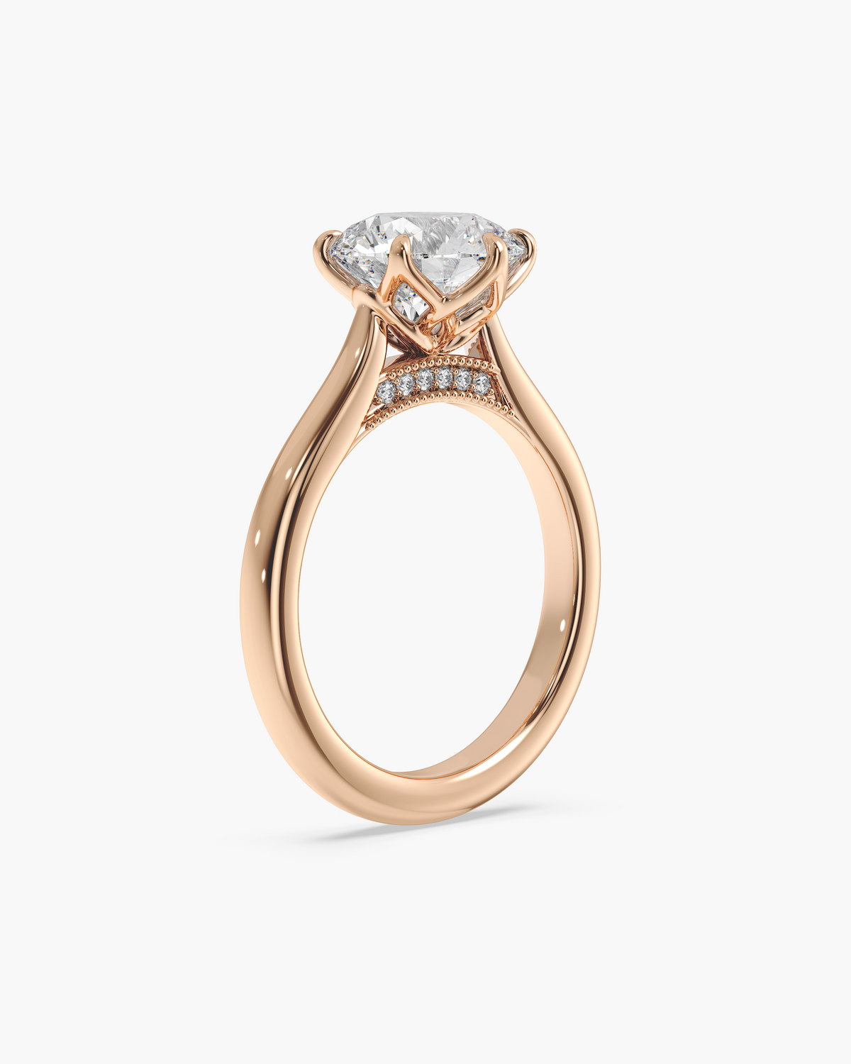 Lian Overlapping Floral round solitaire engagement ring in 18k rose gold, front angle