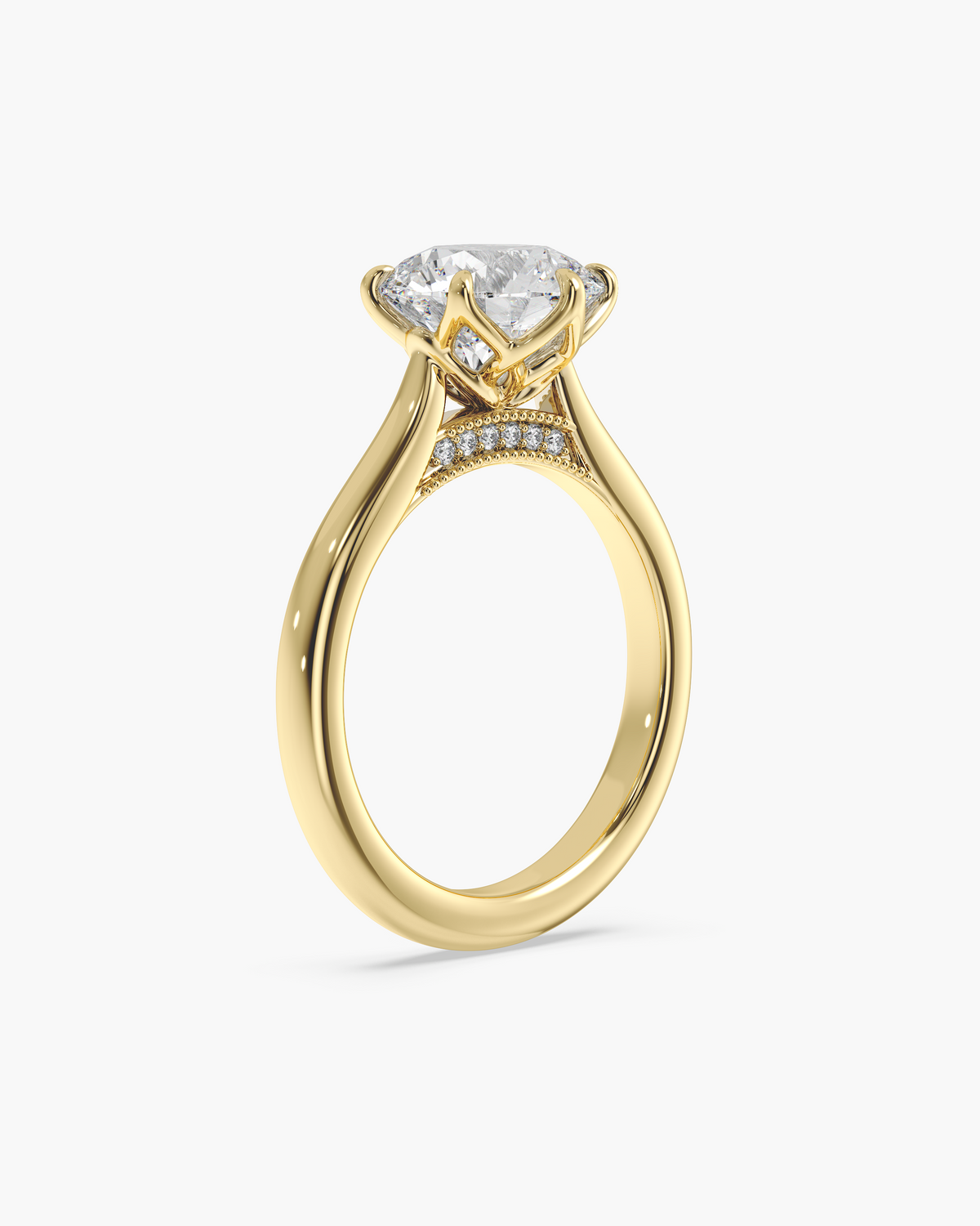 Lian Overlapping Floral round solitaire engagement ring in 18k yellow gold, front angle