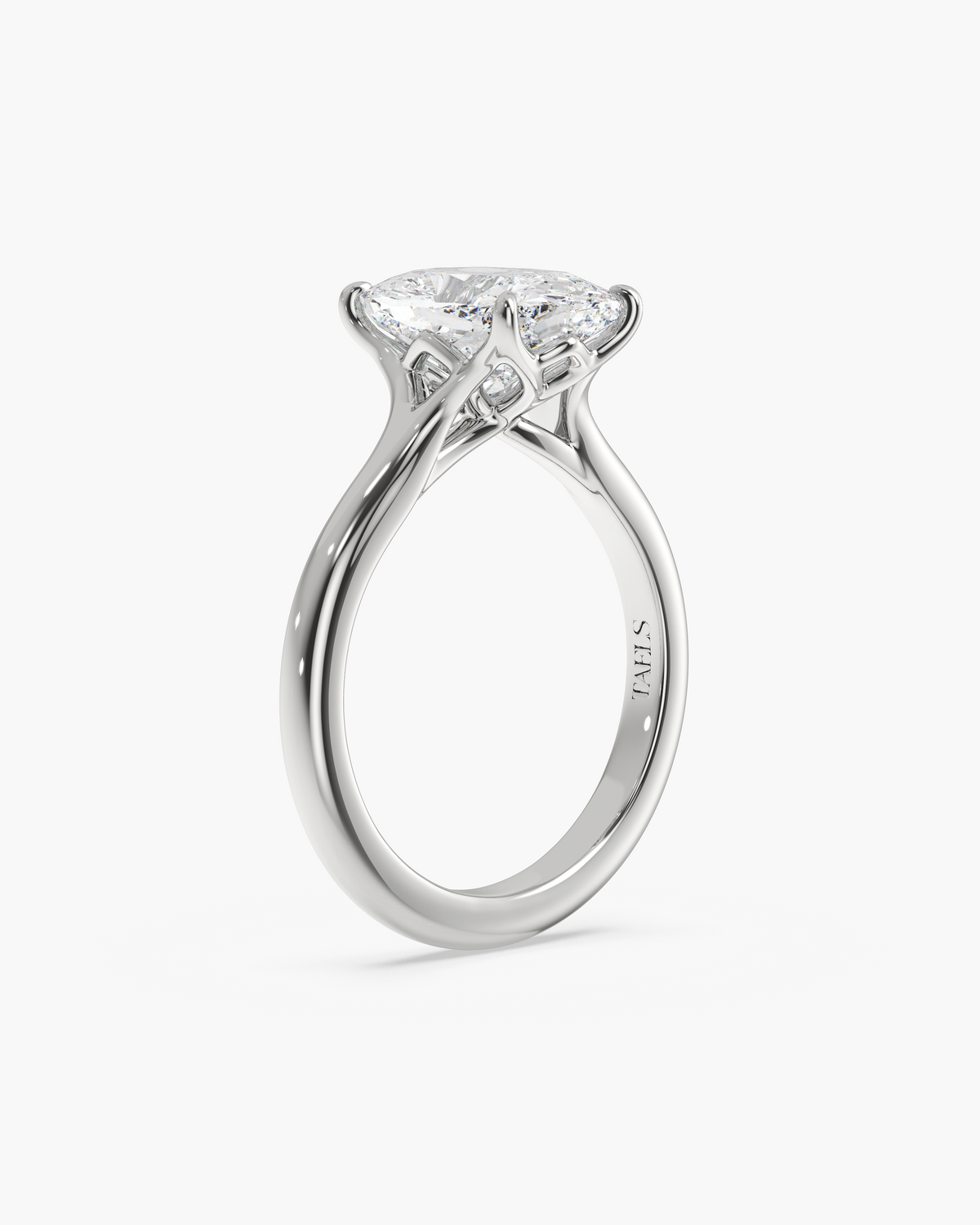 Mei Trellis elongated cushion solitaire engagement ring in 18k white gold, front angle