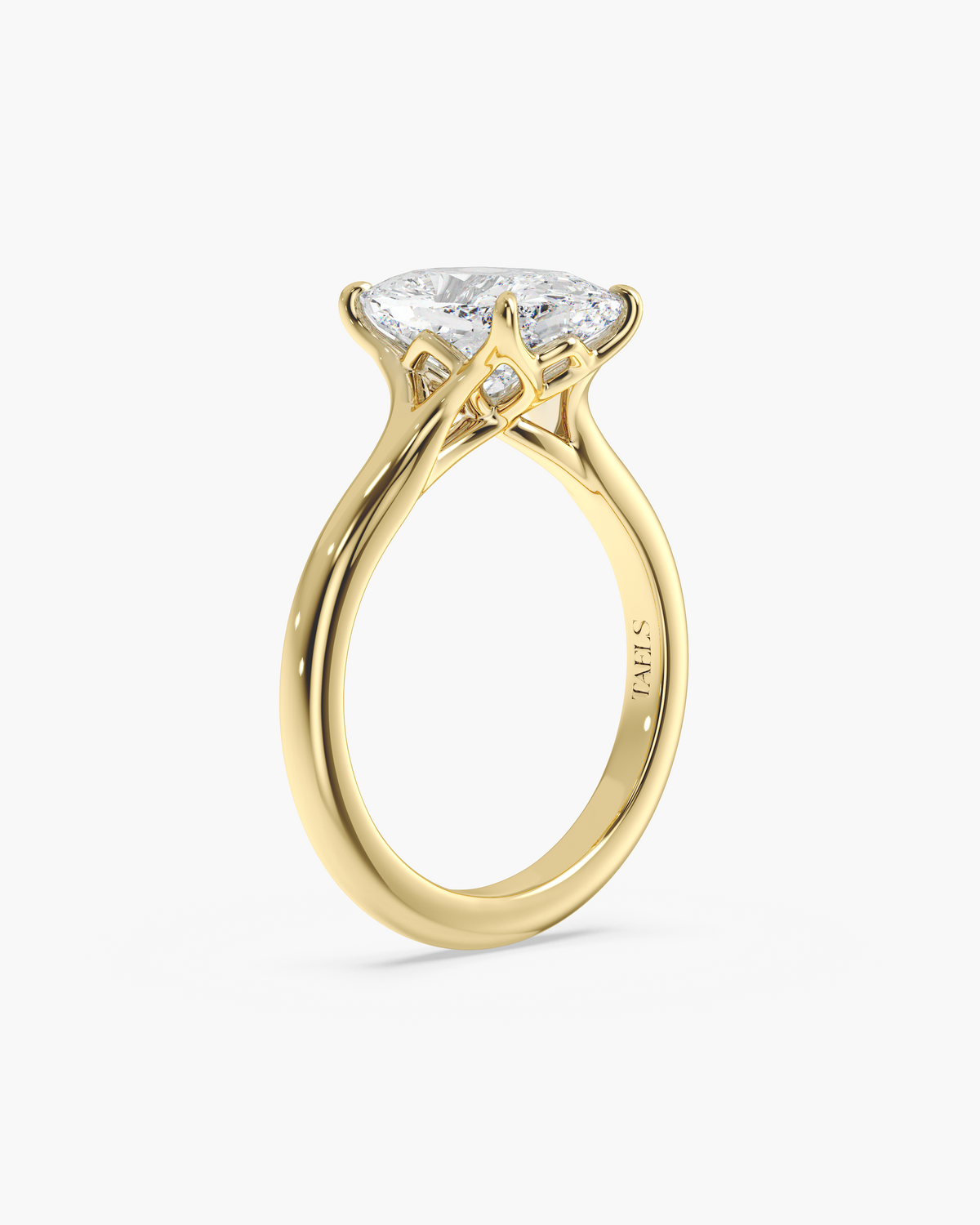 Mei Trellis elongated cushion solitaire engagement ring in 18k yellow gold, front angle