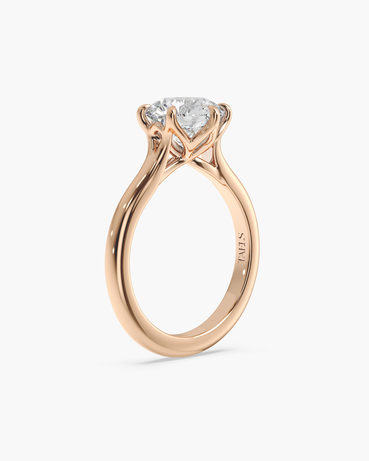 Mei Trellis round solitaire engagement ring in 18k rose gold, front angle