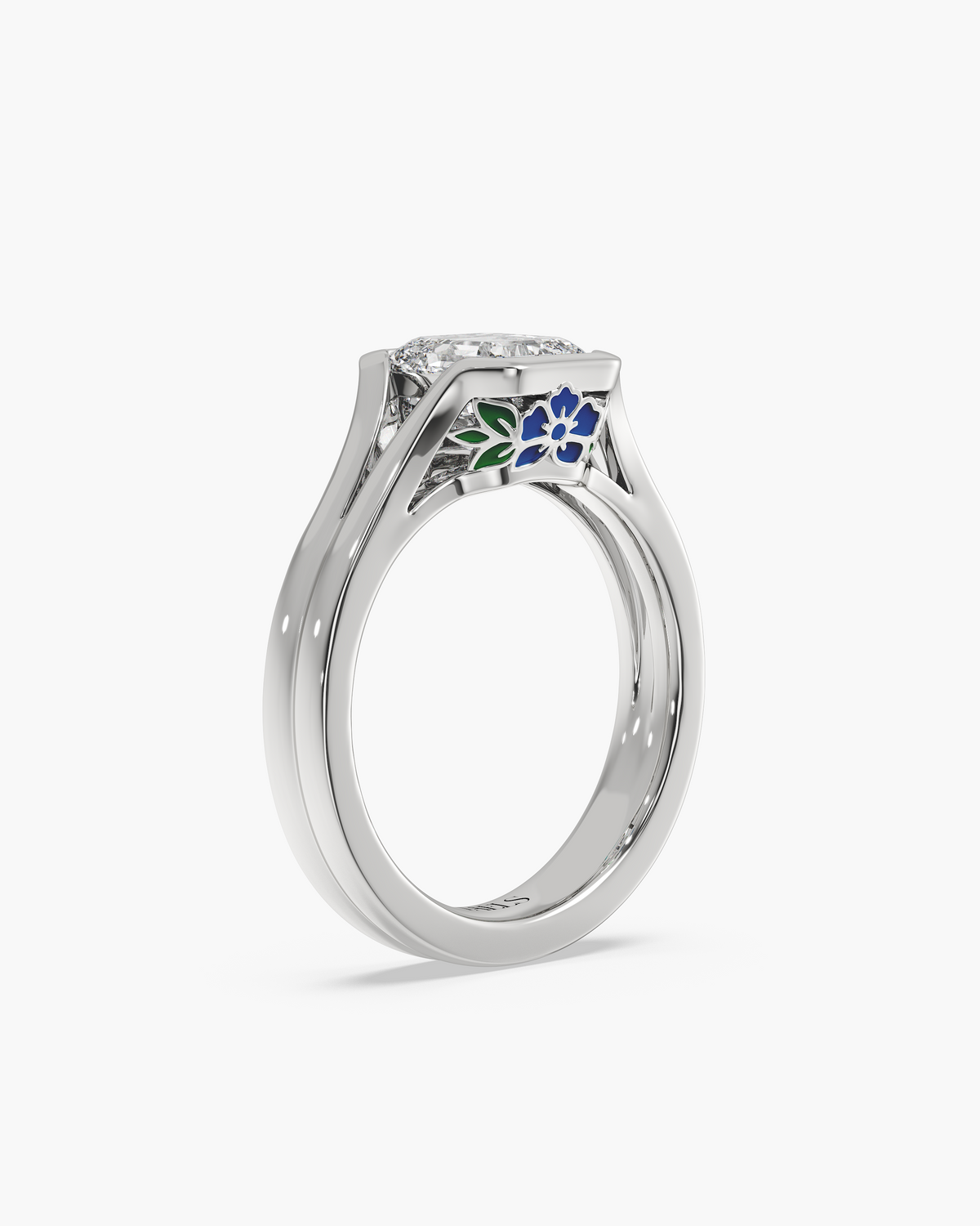 Lan Enamel Bezel asscher solitaire engagement ring in 18k white gold, front angle