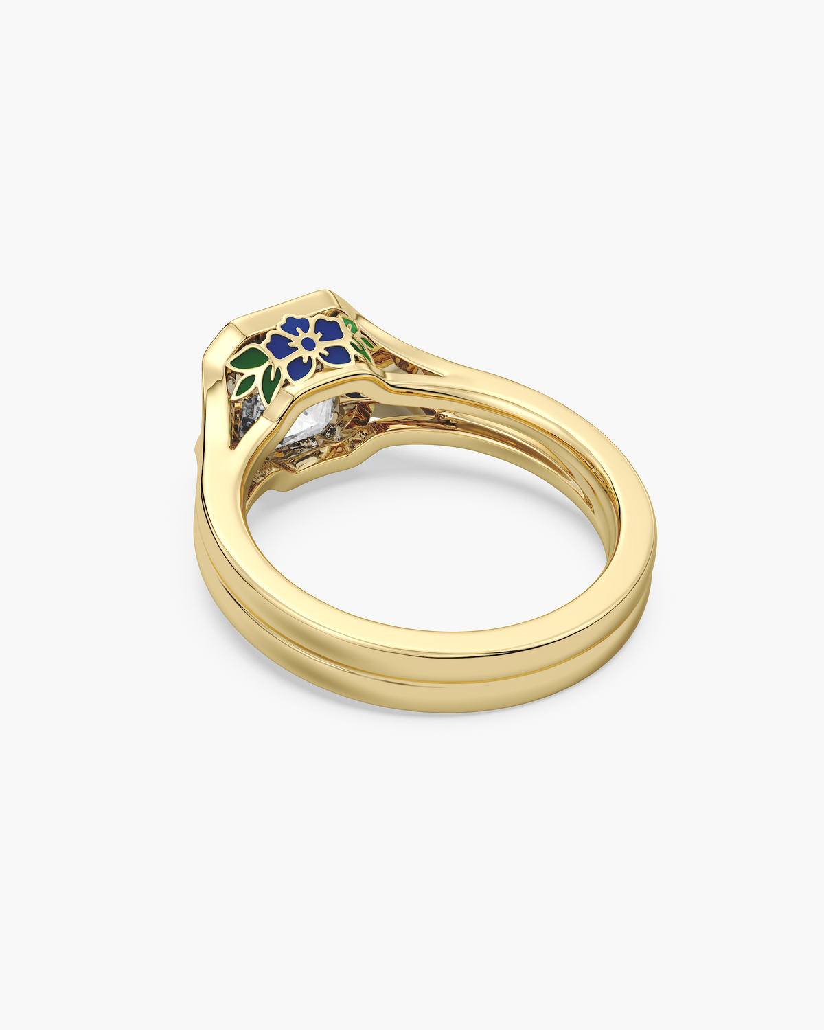 Lan Enamel Bezel asscher solitaire engagement ring in 18k yellow gold, back angle