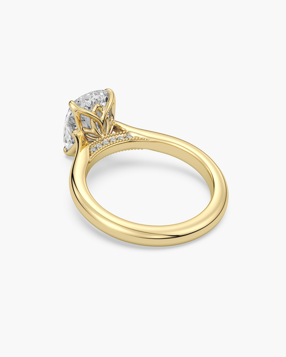 Lian Overlapping Floral cushion solitaire engagement ring in 18k yellow gold, back angle