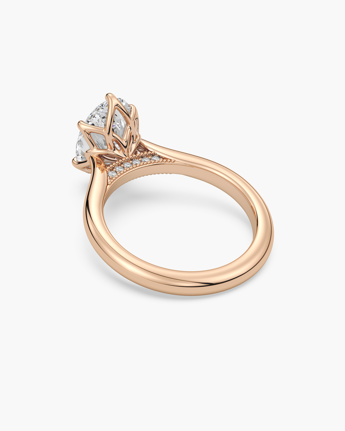 Lian Overlapping Floral oval solitaire engagement ring in 18k rose gold, back angle