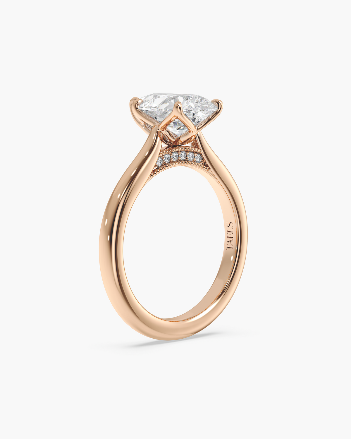 Lian Overlapping Floral pear solitaire engagement ring in 18k rose gold, front angle