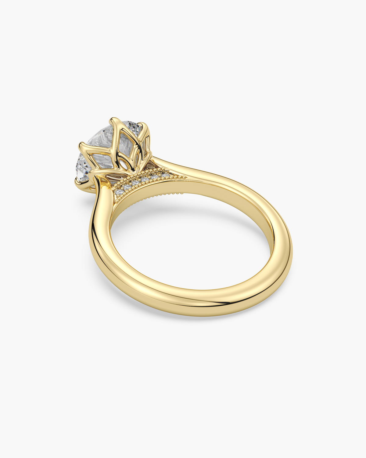 Lian Overlapping Floral round solitaire engagement ring in 18k yellow gold, back angle