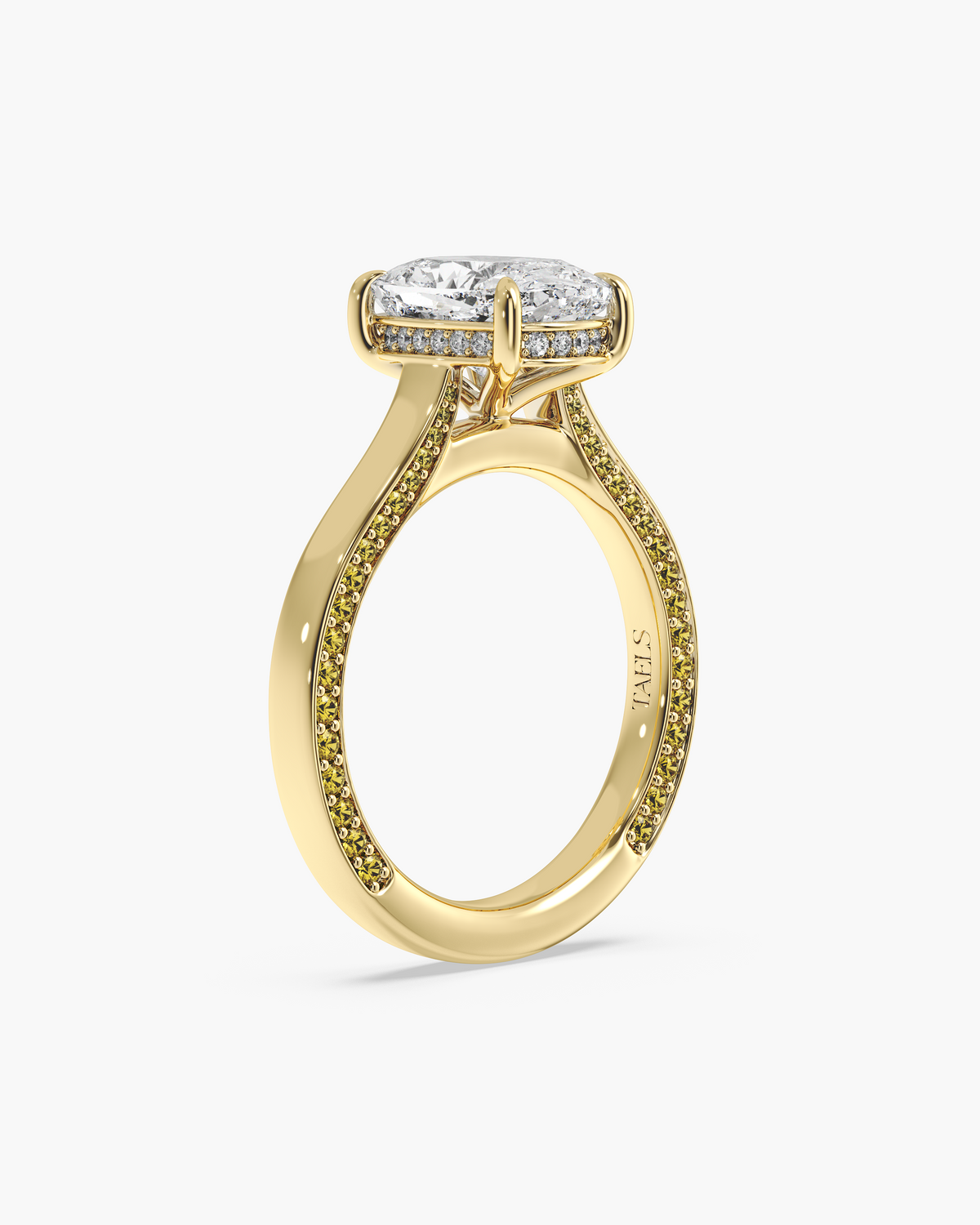 Ming Hidden Halo elongated cushion solitaire engagement ring in 18k yellow gold, front angle