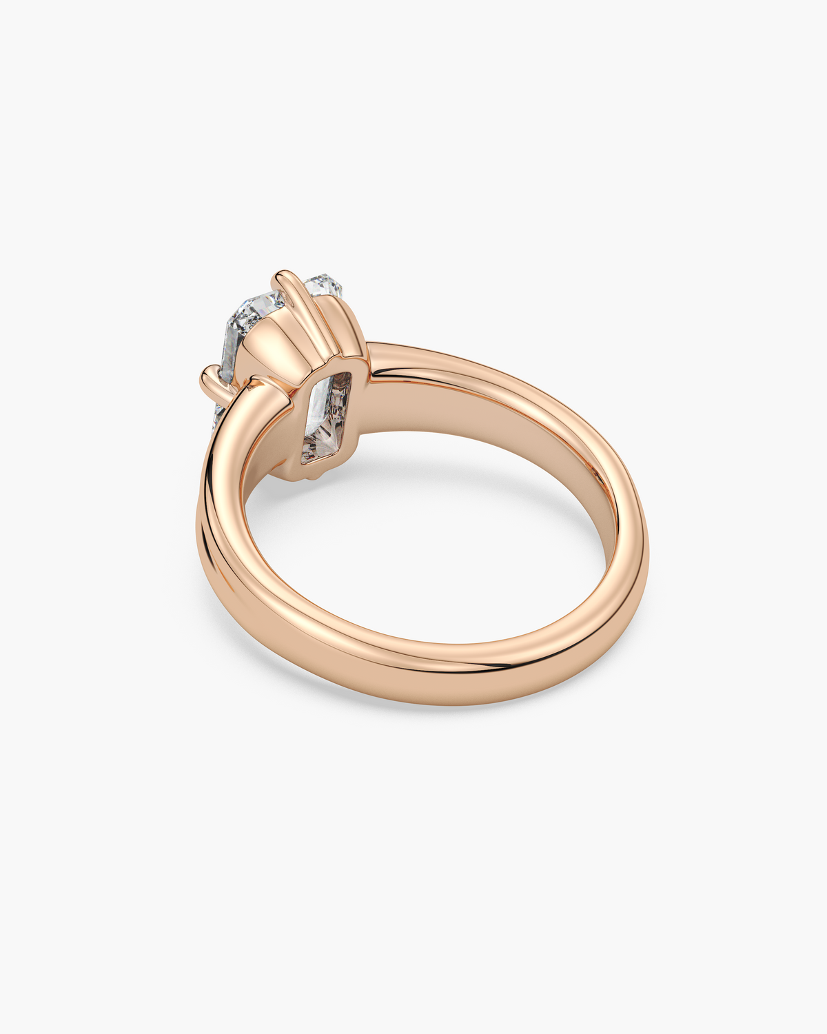 Sen Ribbed emerald cut solitaire engagement ring in 18k rose gold, back angle