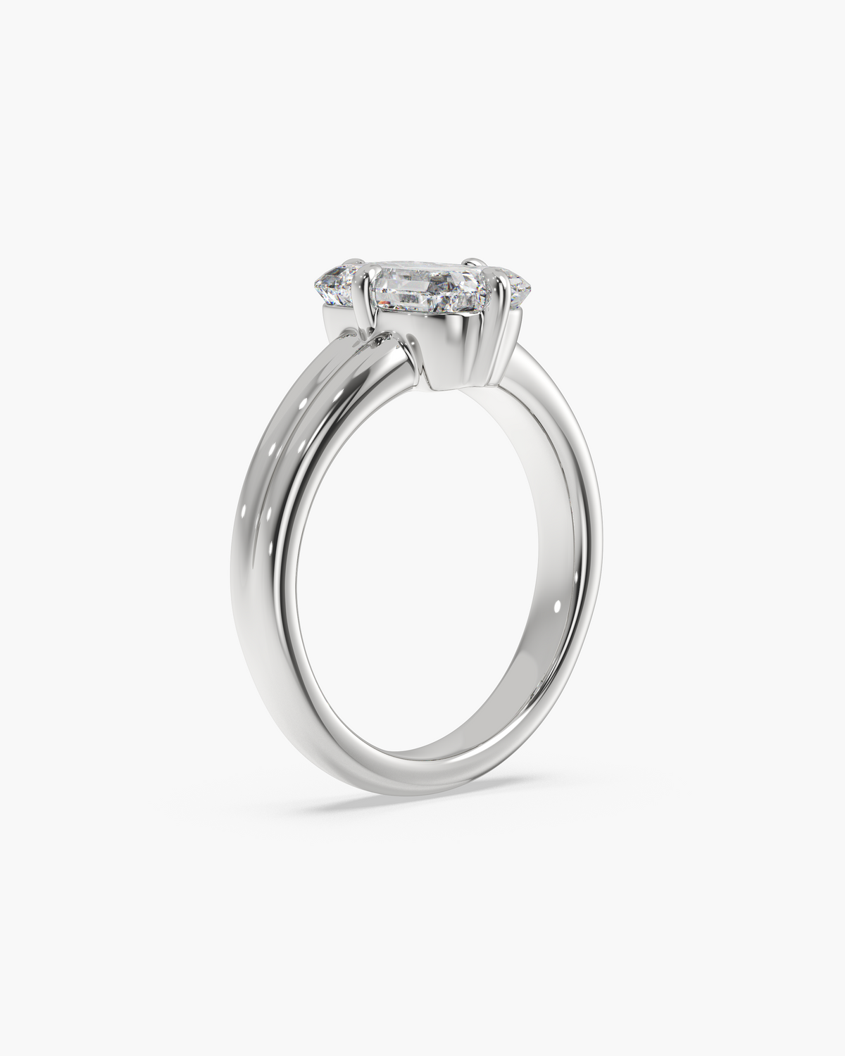 Sen Ribbed emerald cut solitaire engagement ring in 18k white gold, front angle